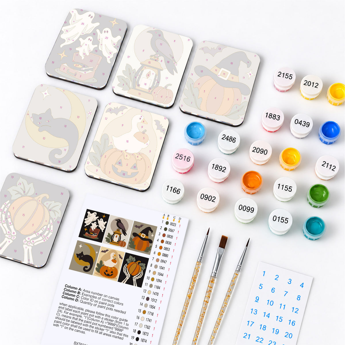 Raven, Ghosts and Bony Hands fridge magnets – what's in the kit: the 6 magnet tiles, numbered paints, brushes, layout sheet and stickers
