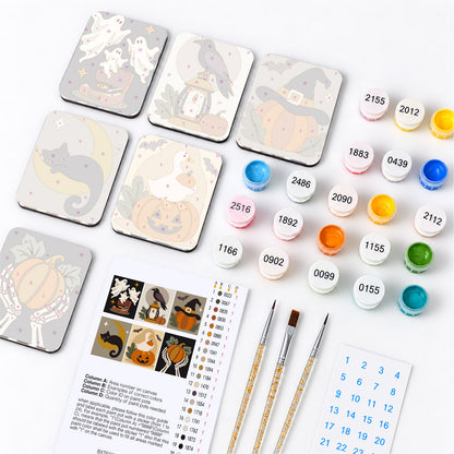 Raven, Ghosts and Bony Hands fridge magnets – what's in the kit: the 6 magnet tiles, numbered paints, brushes, layout sheet and stickers