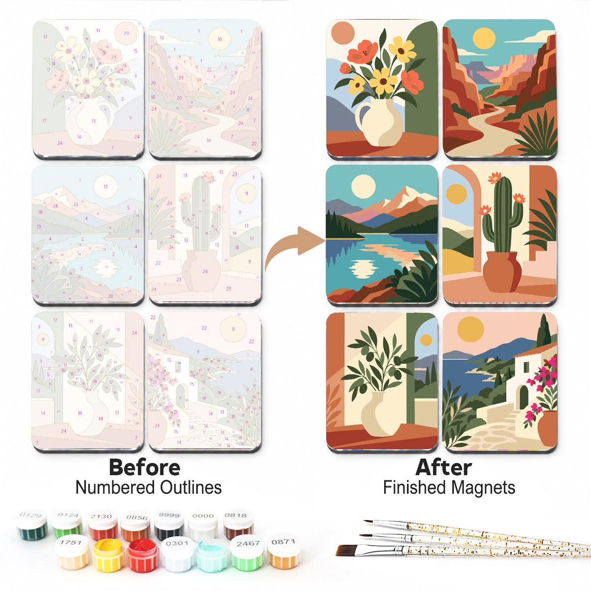 Terracotta Canyons and Cacti fridge magnets – Earthy boho scenes: a flower vase, red rock canyon, mountain lake, potted cactus, leafy vase and a white village