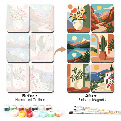 Terracotta Canyons and Cacti fridge magnets – Earthy boho scenes: a flower vase, red rock canyon, mountain lake, potted cactus, leafy vase and a white village