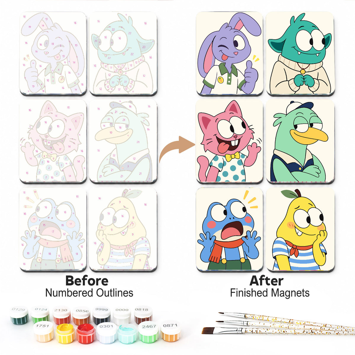 Wacky Retro Cartoon Critters fridge magnets – Retro cartoon characters: a winking purple bunny, a teal monster, a pink cat, a green duck, a blue frog and a pear