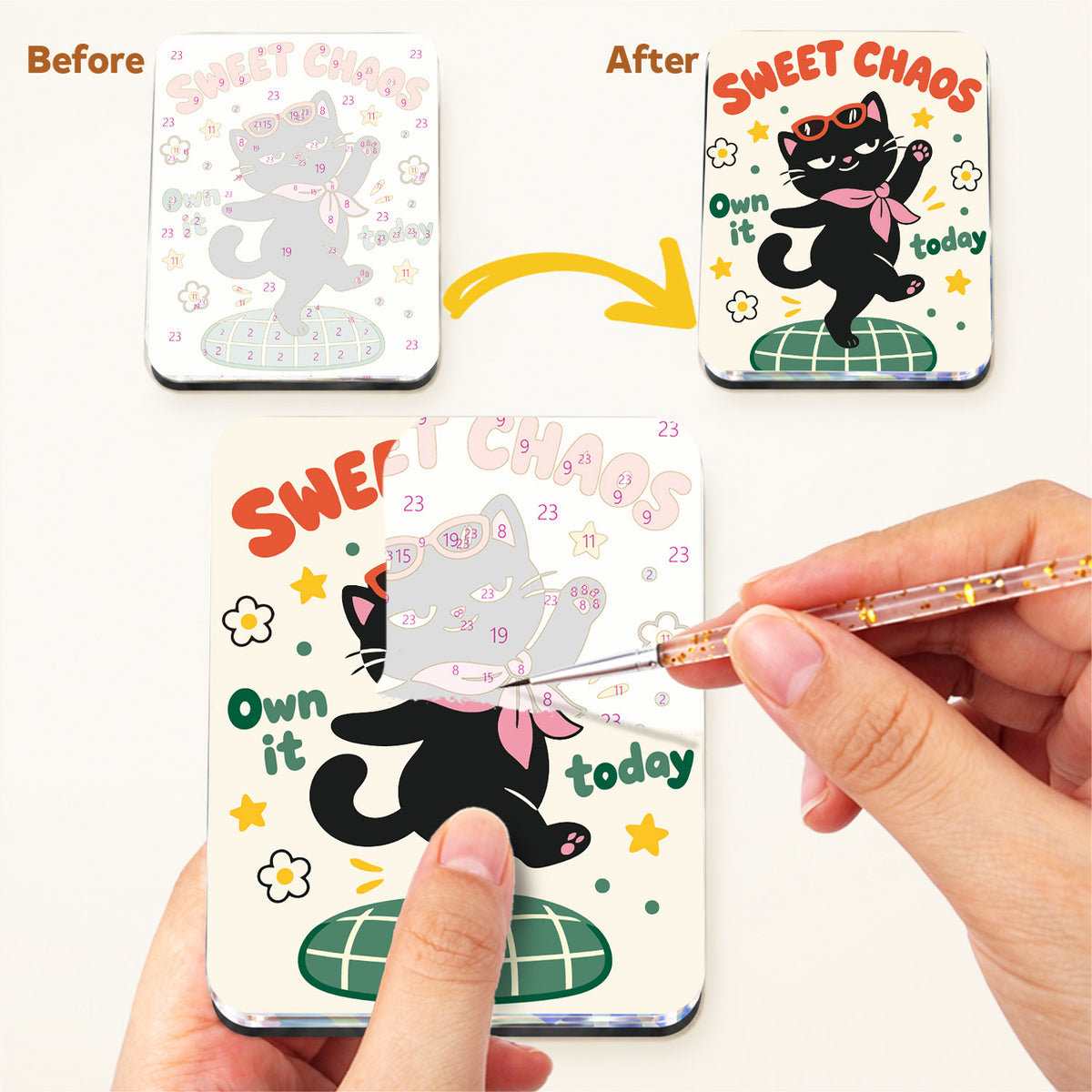 Weekend Party Animals fridge magnets – one of the six magnets finished, next to its numbered outline