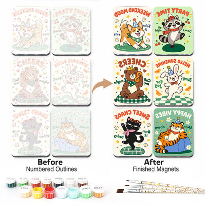 Weekend Party Animals fridge magnets – all six designs, before and after