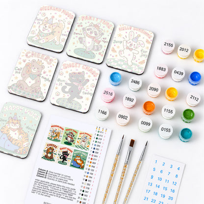 Weekend Party Animals fridge magnets – what's in the kit: the 6 magnet tiles, numbered paints, brushes, layout sheet and stickers
