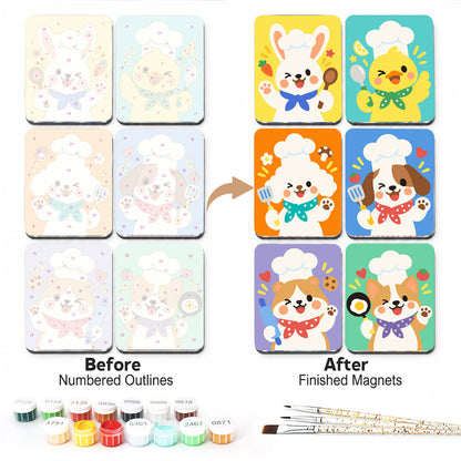 Baby Animal Chefs in Toques fridge magnets – Six animals in chef hats and neckerchiefs: a bunny, a duckling, two puppies, a hamster and a corgi frying an egg