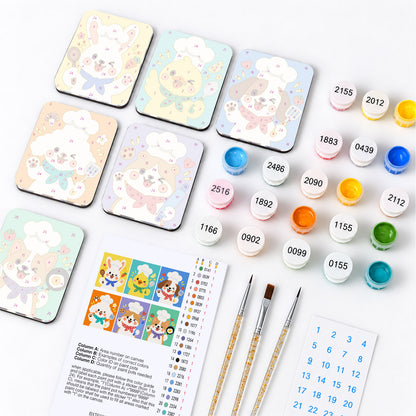 Baby Animal Chefs in Toques fridge magnets – what's in the kit: the 6 magnet tiles, numbered paints, brushes, layout sheet and stickers