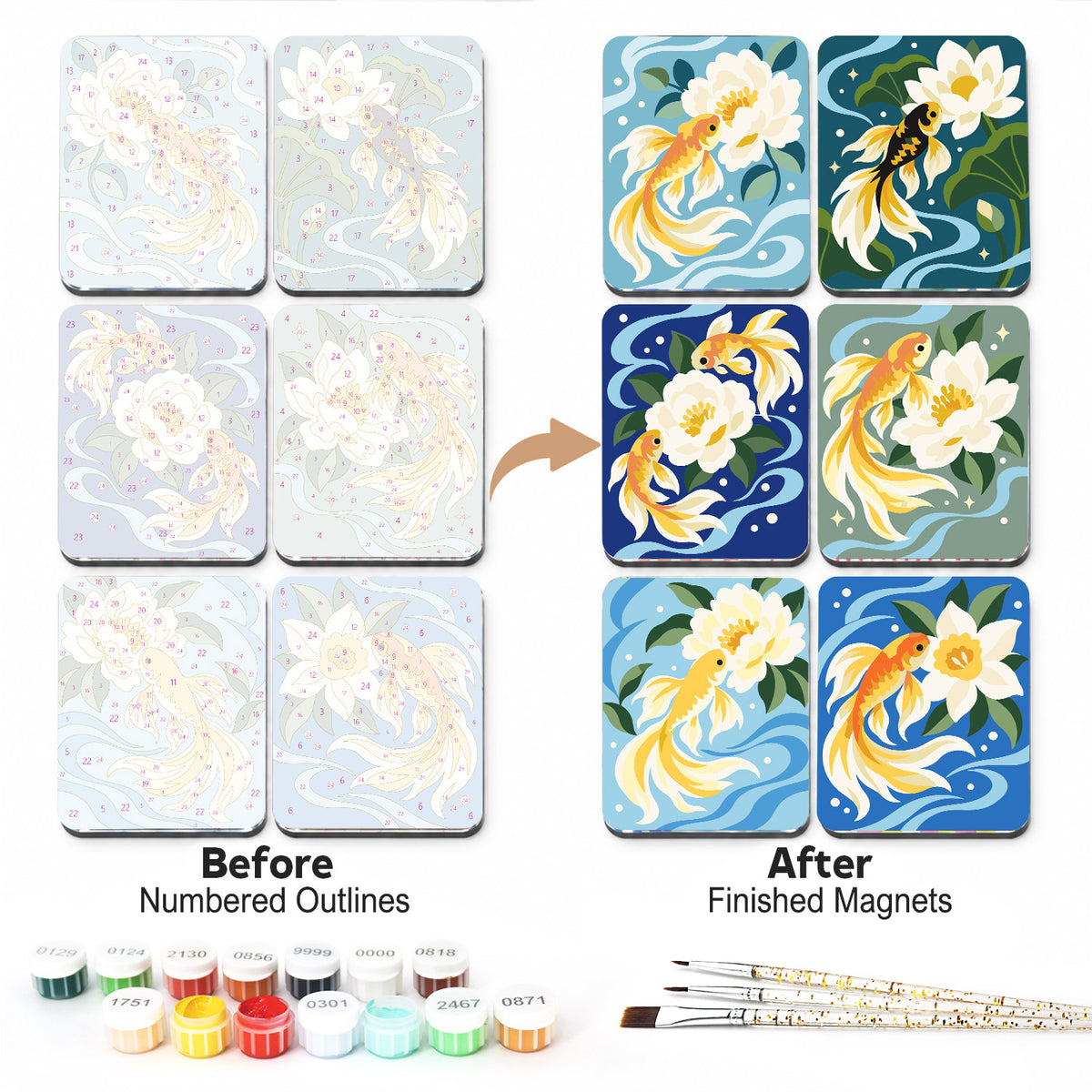 Goldfish and White Peonies fridge magnets – Six golden fantail fish swimming among white peonies on swirling blue and green water