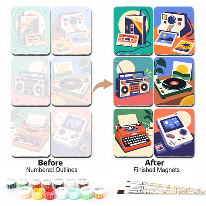 Boombox and Typewriter Throwback fridge magnets – Retro gadgets: a cassette player, an instant camera, a boombox, a turntable, a typewriter and a handheld game console