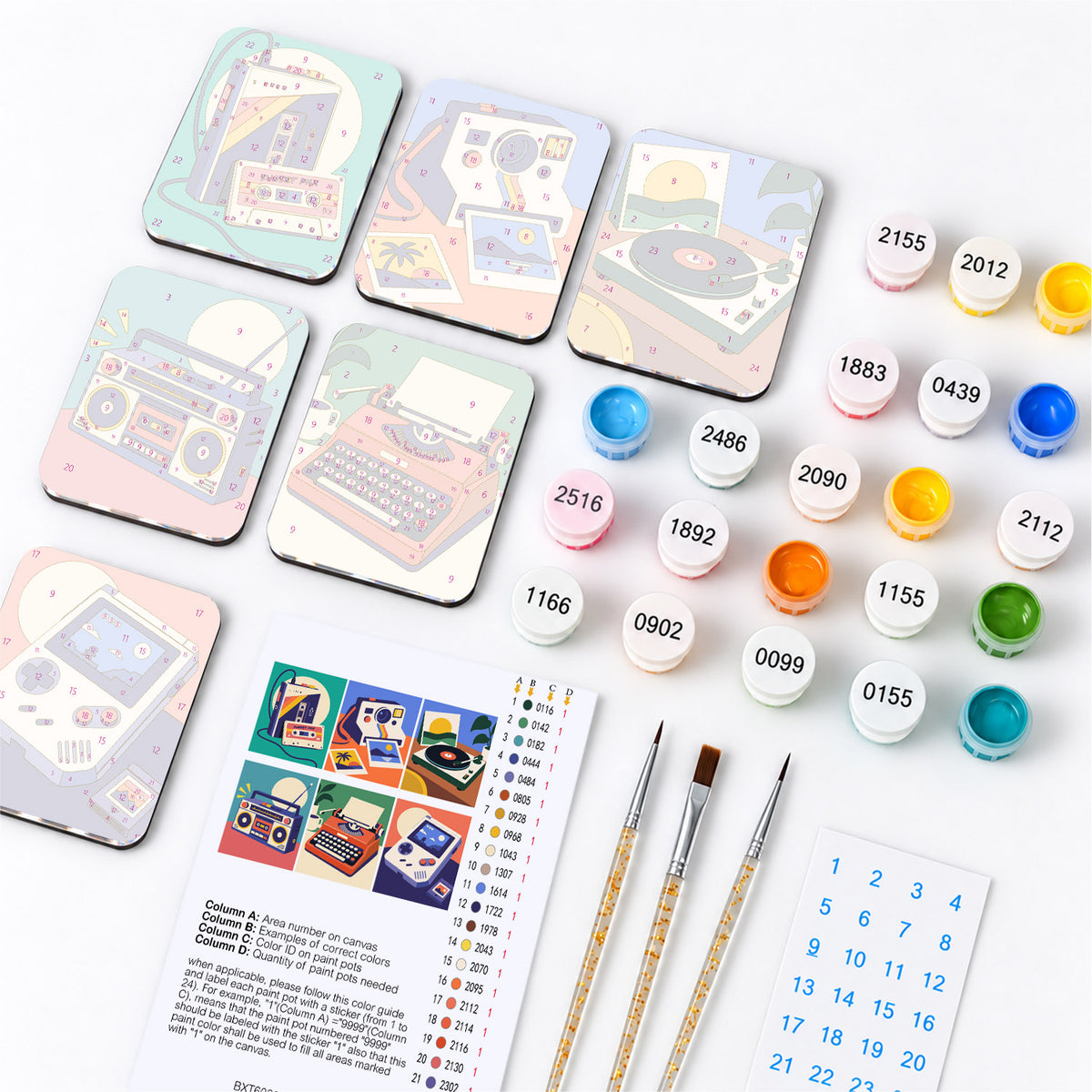 Boombox and Typewriter Throwback fridge magnets – what's in the kit: the 6 magnet tiles, numbered paints, brushes, layout sheet and stickers