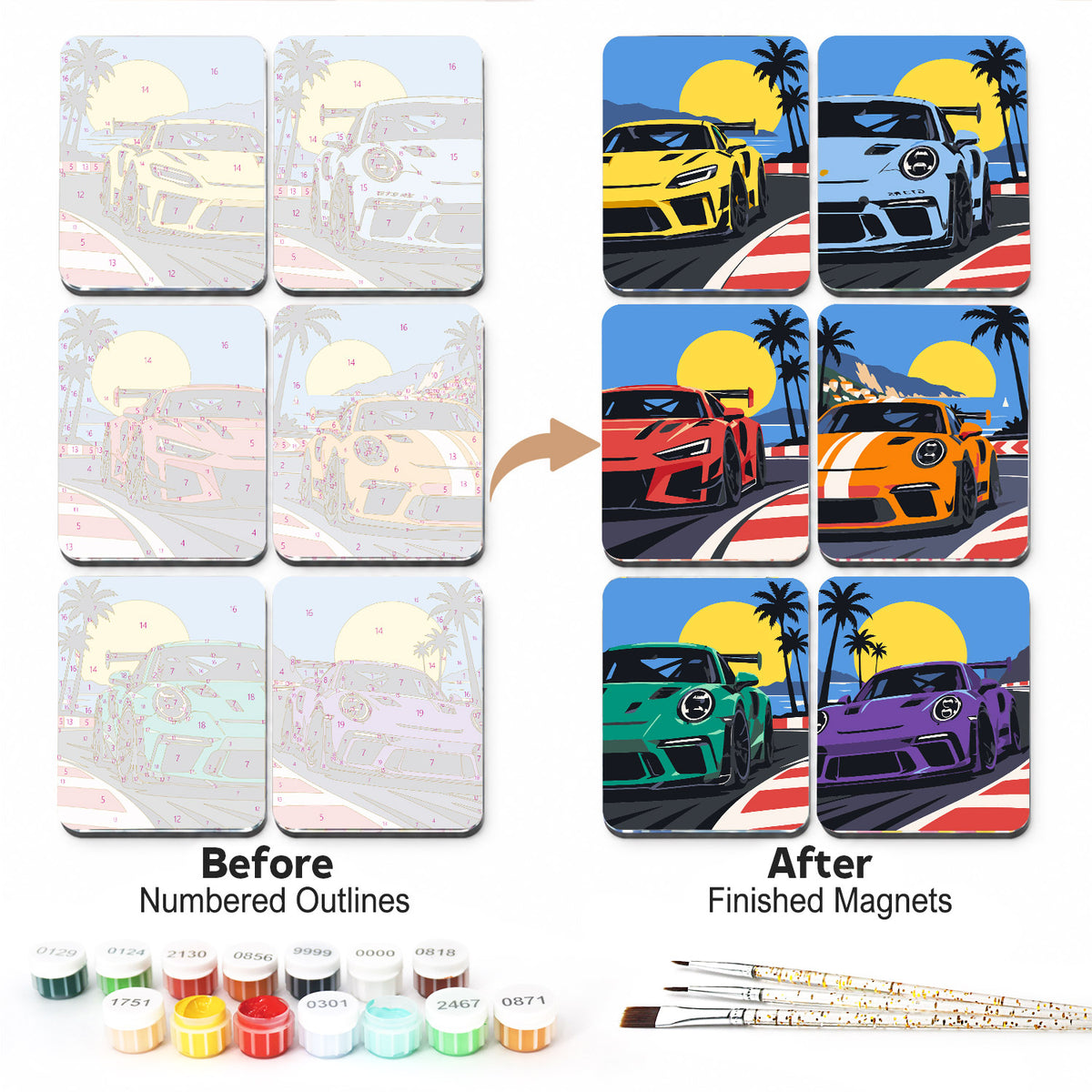 Palm-Lined Racetrack Supercars fridge magnets – Six sports cars in yellow, blue, red, orange, green and purple speeding past palm trees and a big sun on a race track