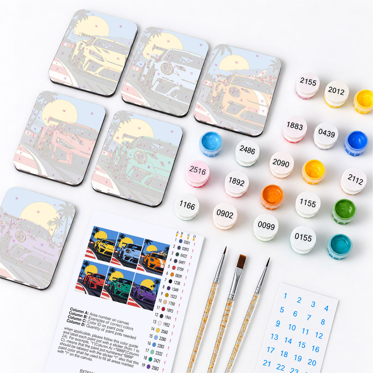 Palm-Lined Racetrack Supercars fridge magnets – what's in the kit: the 6 magnet tiles, numbered paints, brushes, layout sheet and stickers