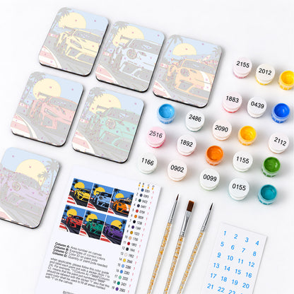 Palm-Lined Racetrack Supercars fridge magnets – what's in the kit: the 6 magnet tiles, numbered paints, brushes, layout sheet and stickers
