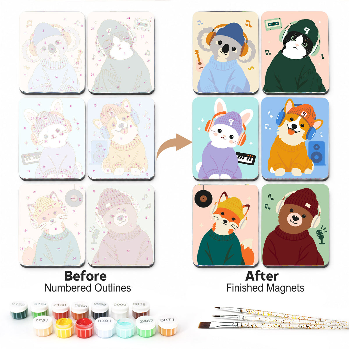 Beanie-Wearing Music Makers fridge magnets – Animals in knit beanies making music: a koala, a cat, a bunny at a keyboard, a corgi, a fox and a bear