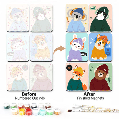 Beanie-Wearing Music Makers fridge magnets – Animals in knit beanies making music: a koala, a cat, a bunny at a keyboard, a corgi, a fox and a bear
