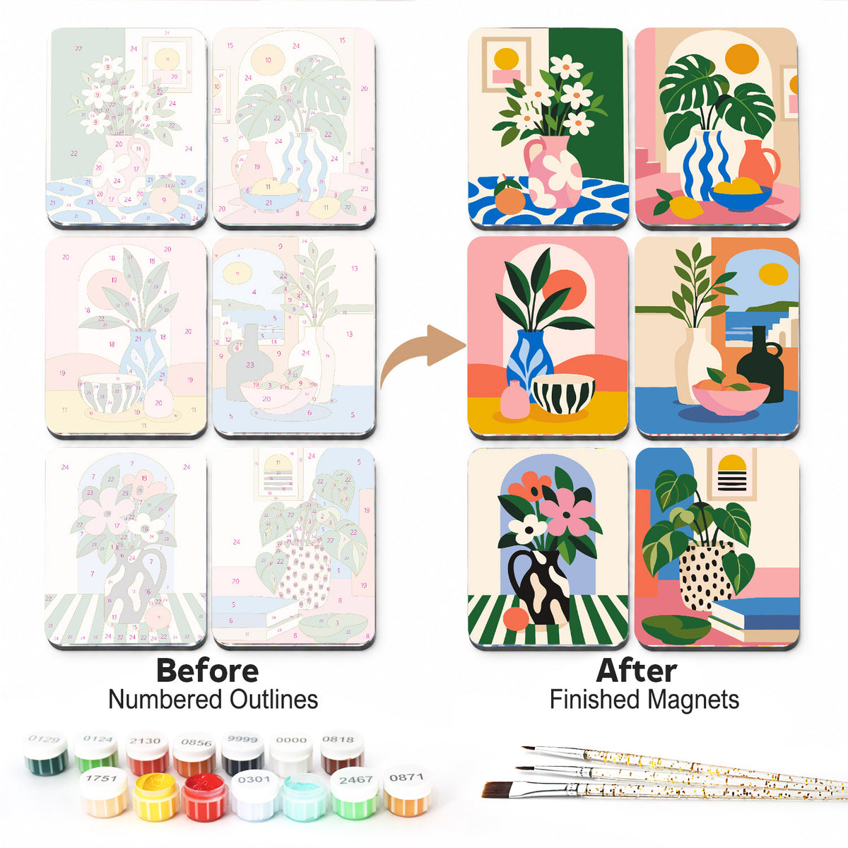 Monstera and Patterned Vases fridge magnets – Six bright still lifes of houseplants and flowers in striped, spotted and swirled vases by arches and windows