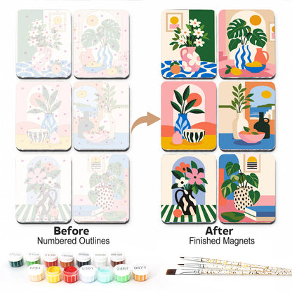 Monstera and Patterned Vases fridge magnets – Six bright still lifes of houseplants and flowers in striped, spotted and swirled vases by arches and windows
