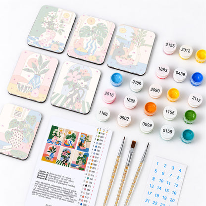 Monstera and Patterned Vases fridge magnets – what's in the kit: the 6 magnet tiles, numbered paints, brushes, layout sheet and stickers