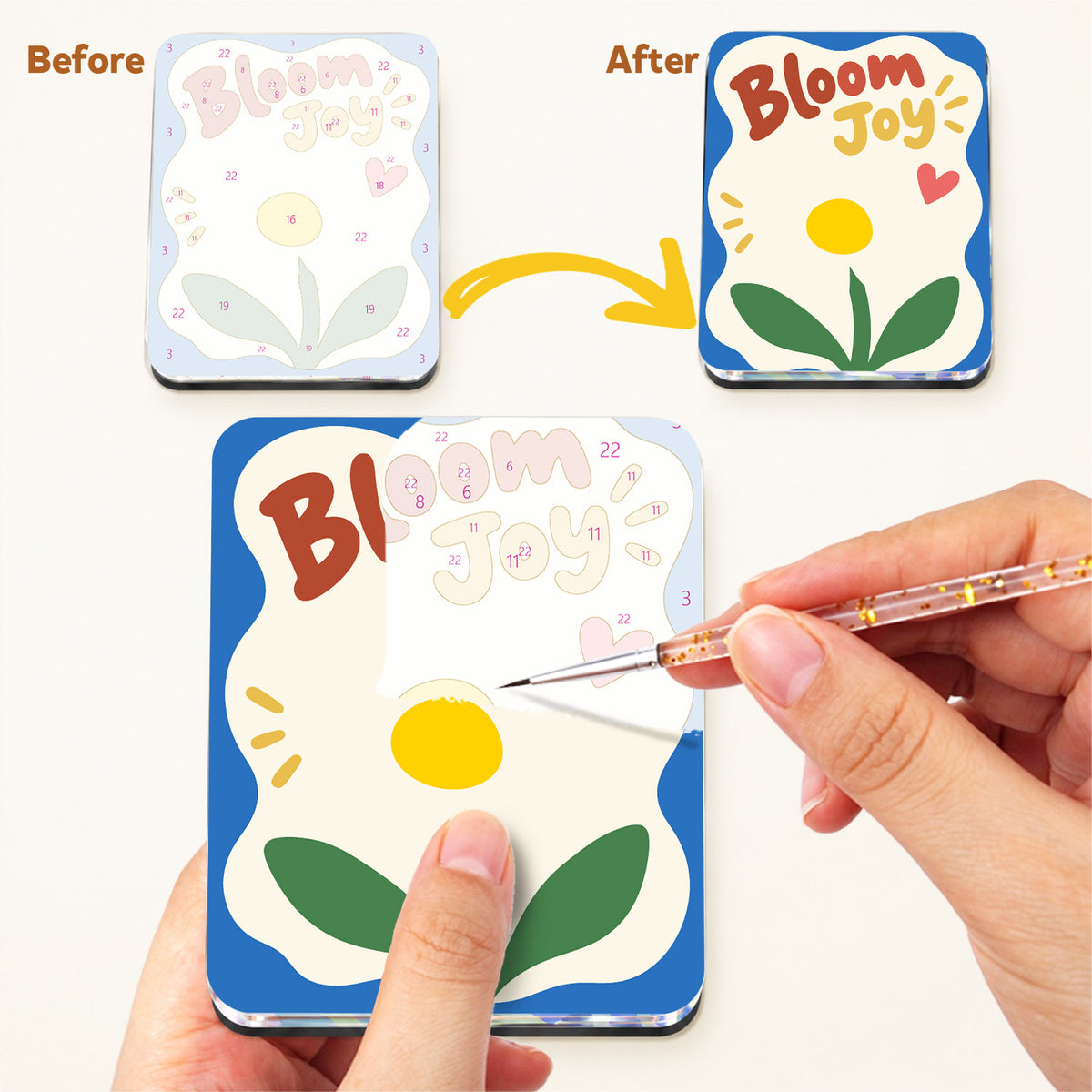 Feel-Good Wavy Mottos fridge magnets – one of the six magnets finished, next to its numbered outline