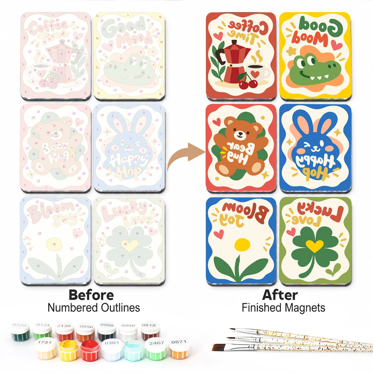 Feel-Good Wavy Mottos fridge magnets – all six designs, before and after