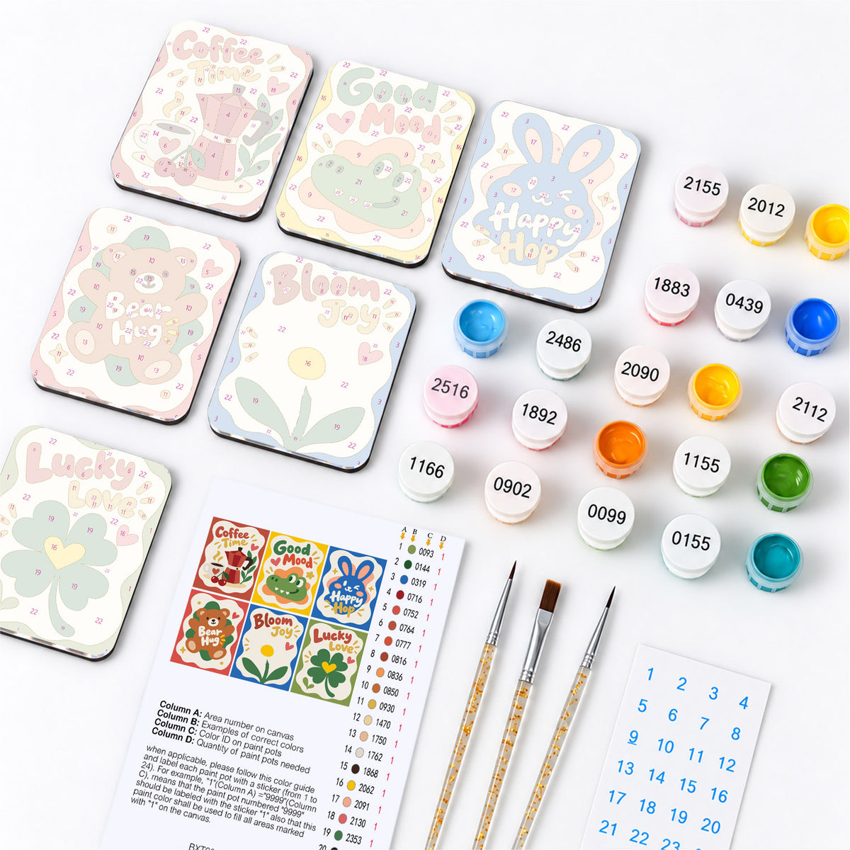Feel-Good Wavy Mottos fridge magnets – what's in the kit: the 6 magnet tiles, numbered paints, brushes, layout sheet and stickers