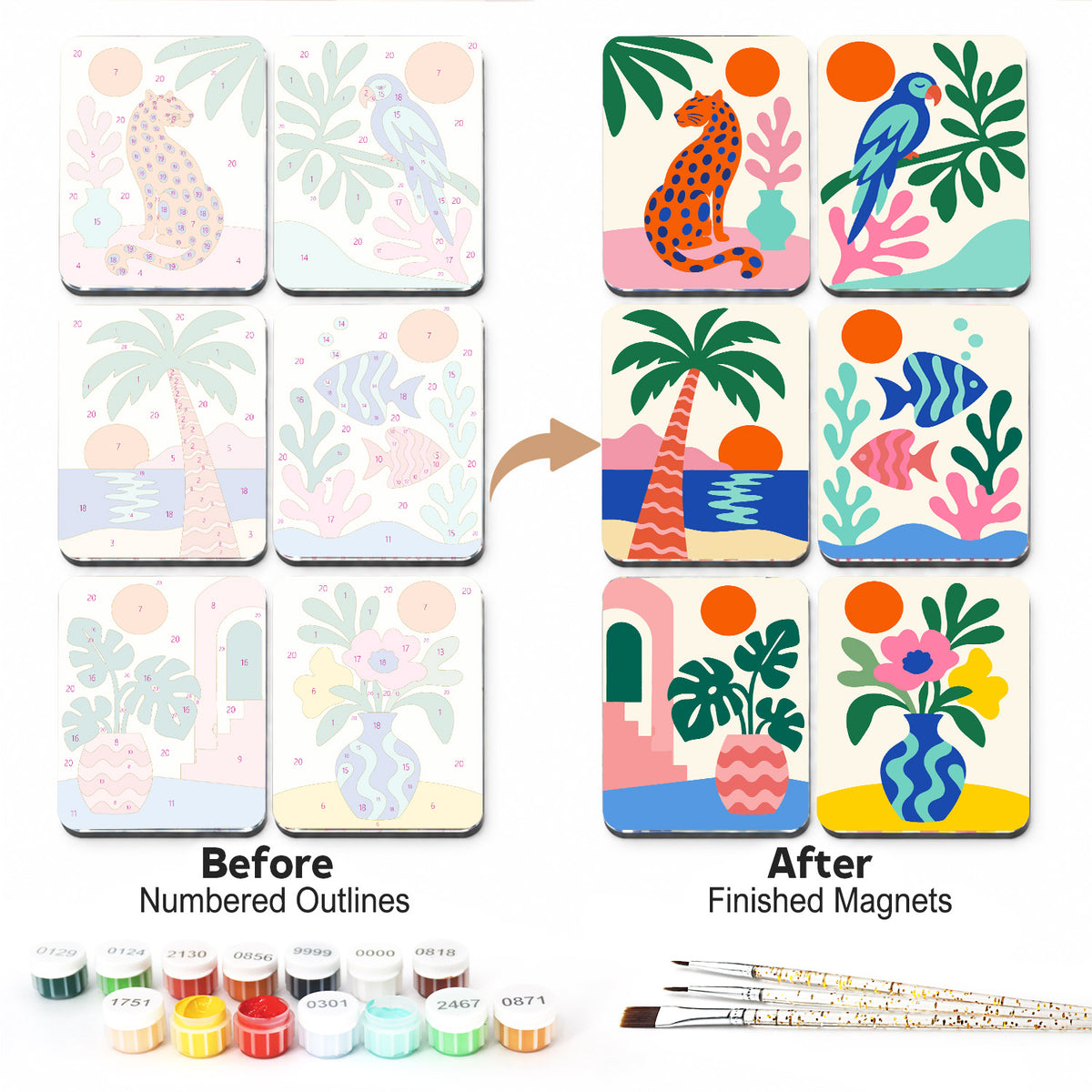 Cut-Out Leopard and Parrot fridge magnets – Cut-out style tropical designs: a spotted leopard, a blue parrot, a palm tree, fish in coral, a monstera and a vase