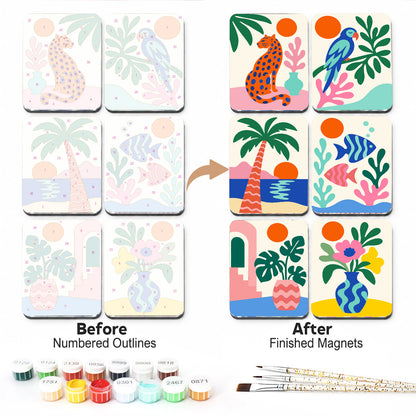 Cut-Out Leopard and Parrot fridge magnets – Cut-out style tropical designs: a spotted leopard, a blue parrot, a palm tree, fish in coral, a monstera and a vase