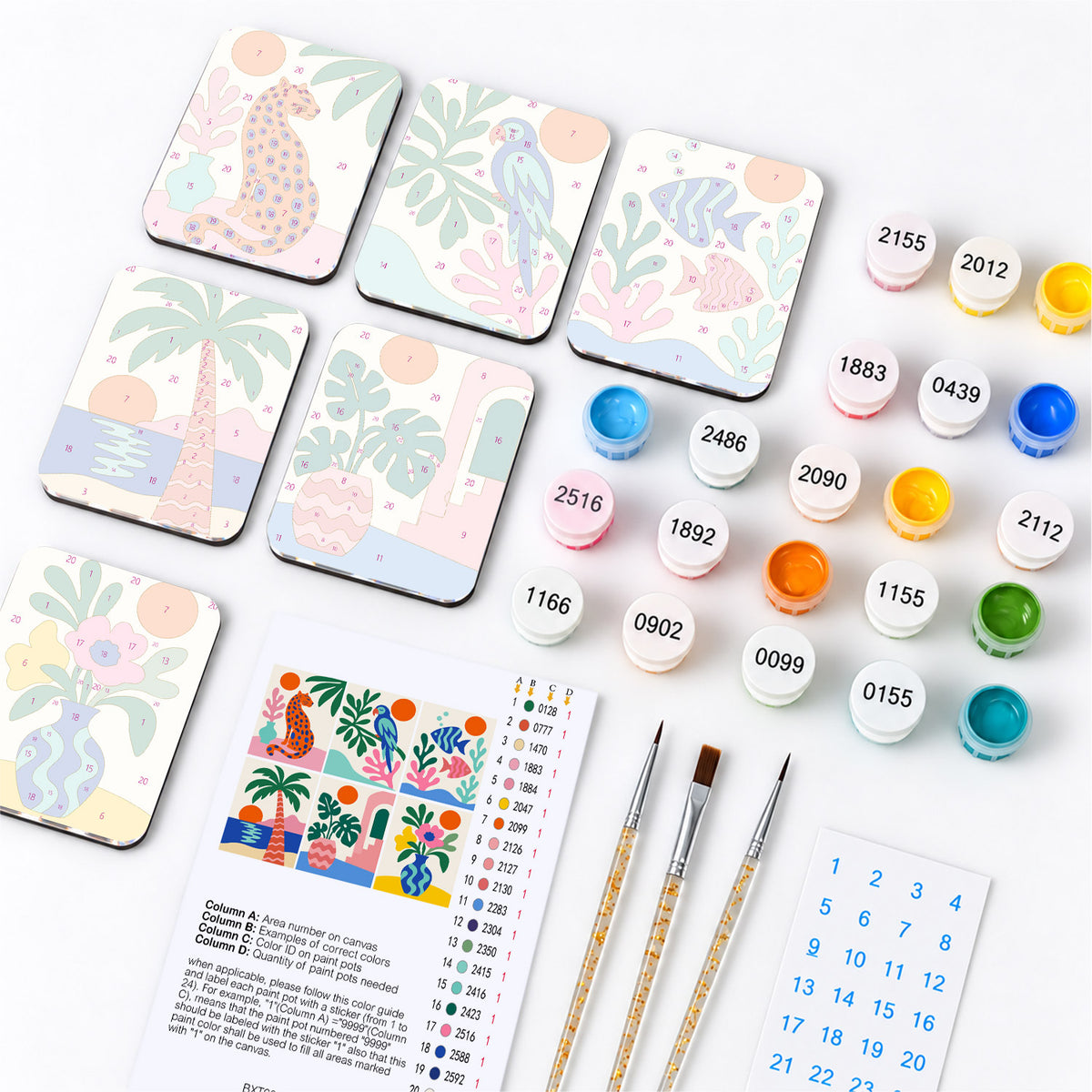 Cut-Out Leopard and Parrot fridge magnets – what's in the kit: the 6 magnet tiles, numbered paints, brushes, layout sheet and stickers