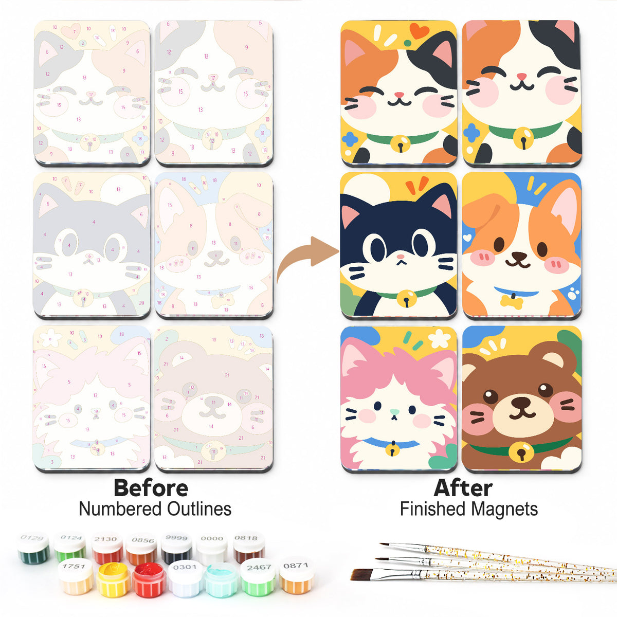 Bell-Collar Kitty Faces fridge magnets – Chubby smiling cat faces with bell collars: calico, tuxedo, ginger and white, fluffy pink and brown, on pastels