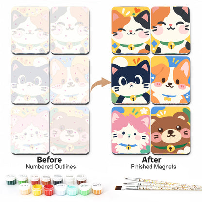 Bell-Collar Kitty Faces fridge magnets – Chubby smiling cat faces with bell collars: calico, tuxedo, ginger and white, fluffy pink and brown, on pastels