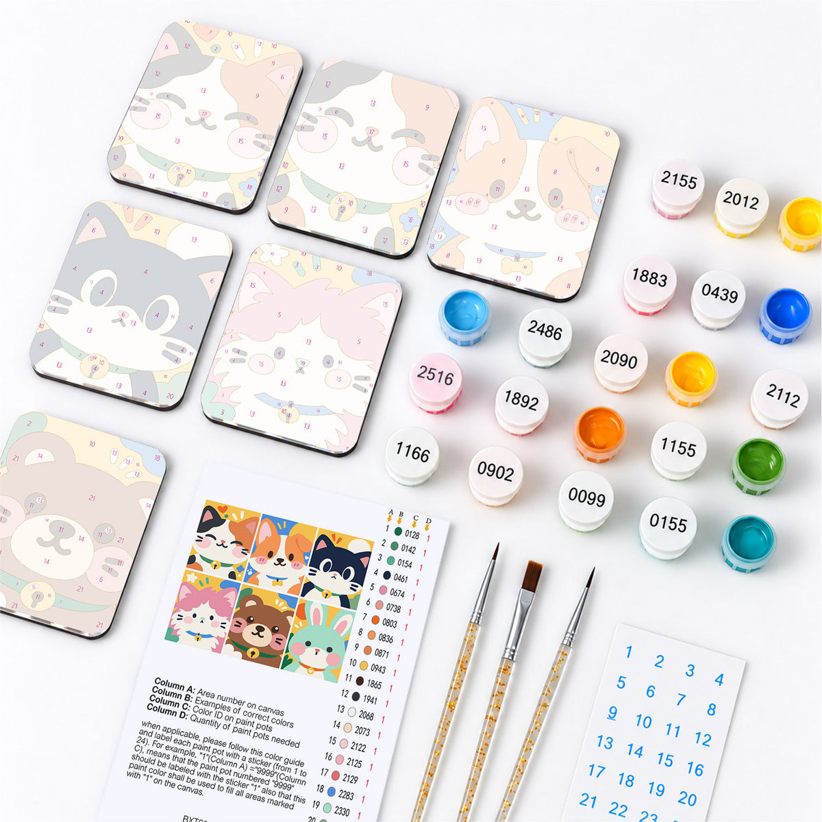 Bell-Collar Kitty Faces fridge magnets – what's in the kit: the 6 magnet tiles, numbered paints, brushes, layout sheet and stickers