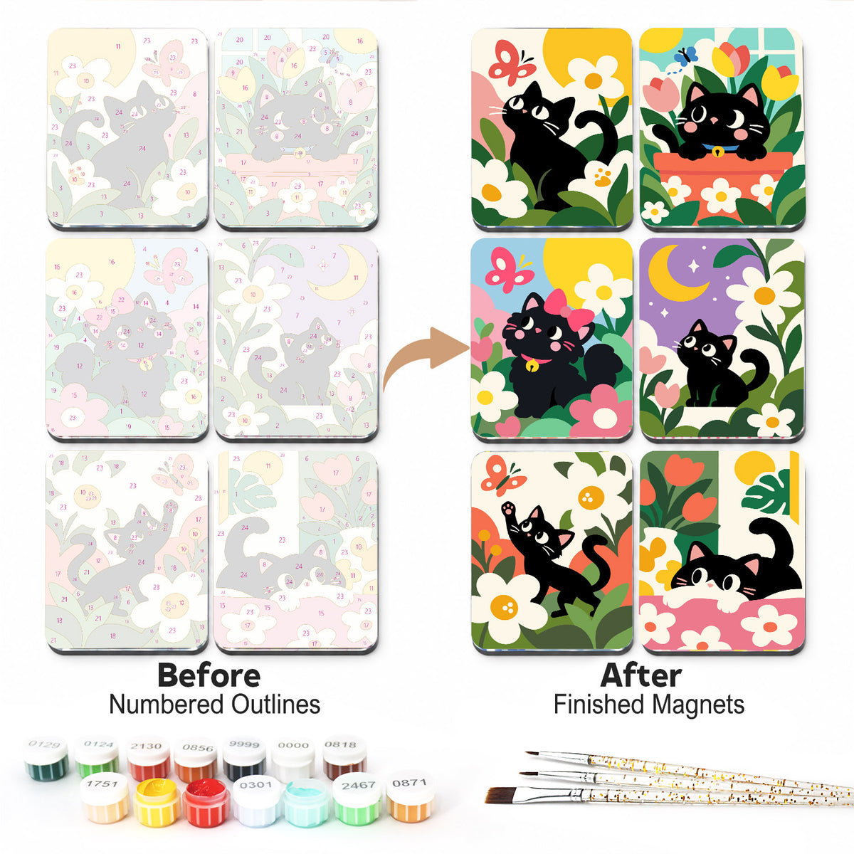 Daisy Meadow Black Kittens fridge magnets – Six black kittens playing among white daisies, pink blooms, tulips and butterflies on bright spring backgrounds