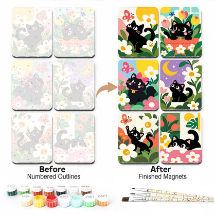 Daisy Meadow Black Kittens fridge magnets – Six black kittens playing among white daisies, pink blooms, tulips and butterflies on bright spring backgrounds