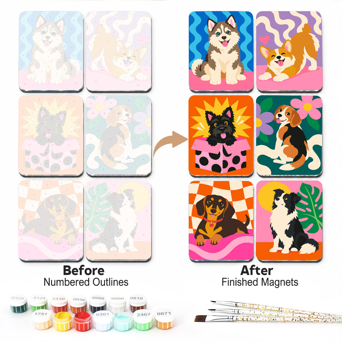 Pop Pattern Puppies fridge magnets – Dogs on bold wavy, checked and spotted backgrounds: a husky, a corgi, a terrier, a beagle, a dachshund and a collie