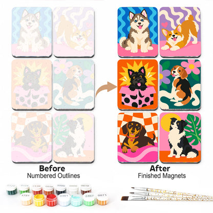 Pop Pattern Puppies fridge magnets – Dogs on bold wavy, checked and spotted backgrounds: a husky, a corgi, a terrier, a beagle, a dachshund and a collie