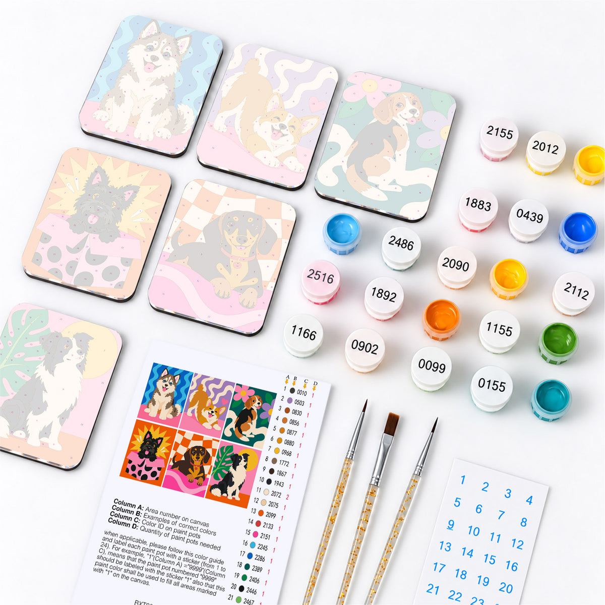 Pop Pattern Puppies fridge magnets – what's in the kit: the 6 magnet tiles, numbered paints, brushes, layout sheet and stickers