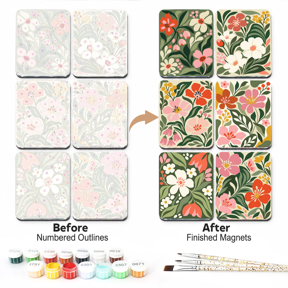 Deep Green Chintz Blooms fridge magnets – Six dense floral patterns of pink, red and white blossoms with leaves on deep forest green