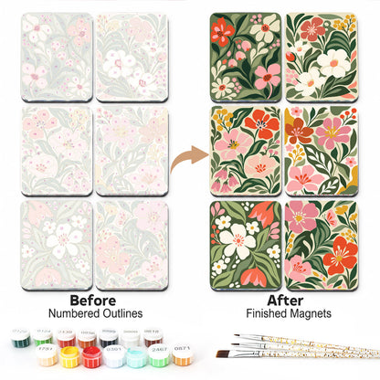 Deep Green Chintz Blooms fridge magnets – Six dense floral patterns of pink, red and white blossoms with leaves on deep forest green