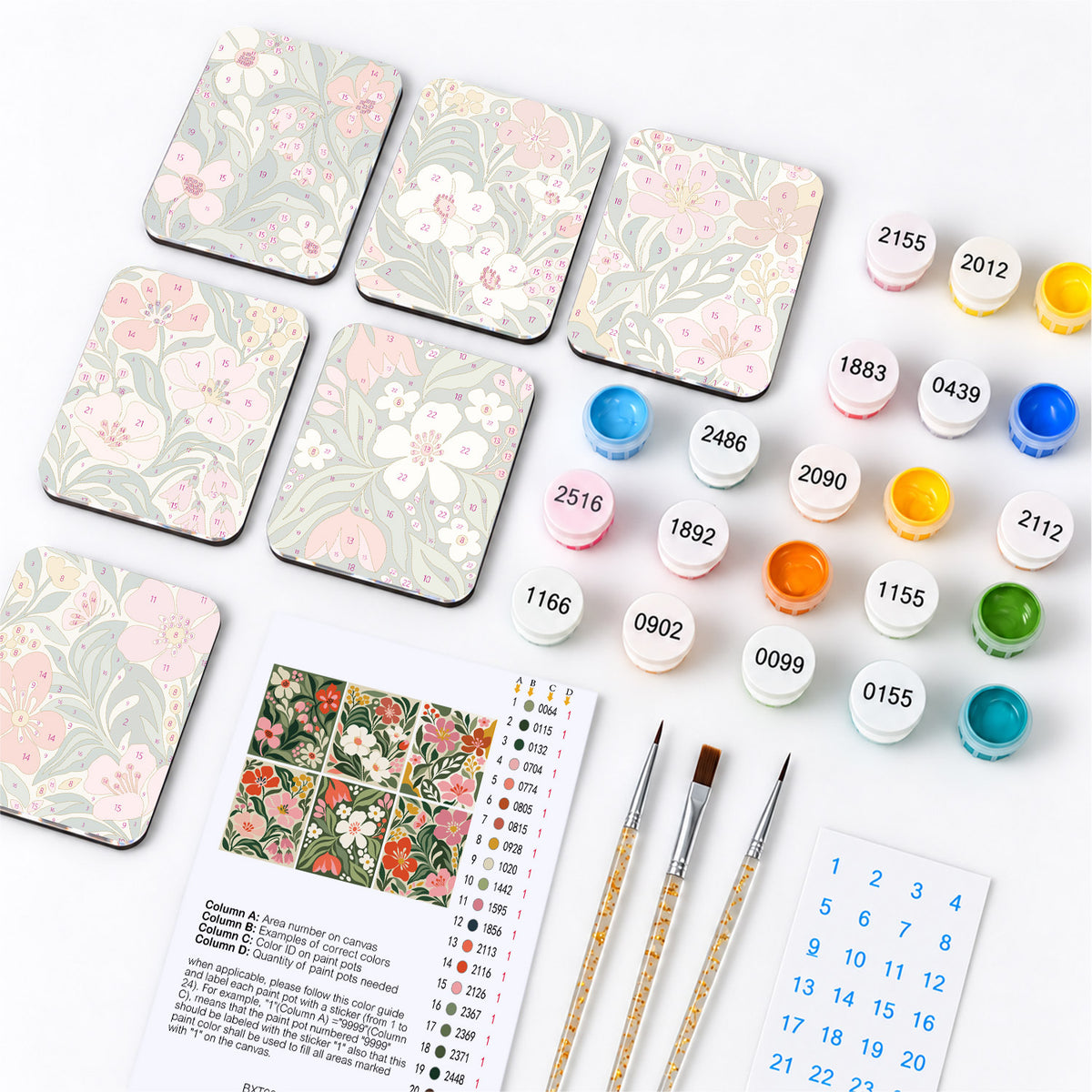 Deep Green Chintz Blooms fridge magnets – what's in the kit: the 6 magnet tiles, numbered paints, brushes, layout sheet and stickers