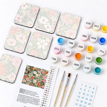 Deep Green Chintz Blooms fridge magnets – what's in the kit: the 6 magnet tiles, numbered paints, brushes, layout sheet and stickers