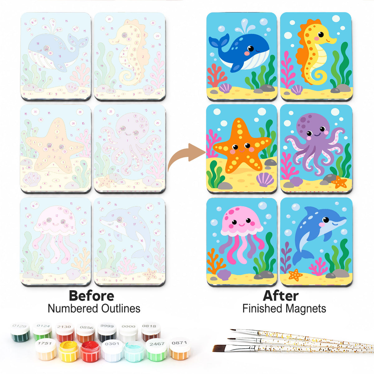 Jellyfish and Seahorse Smiles fridge magnets – Six smiling sea creatures on aqua with coral: a whale, a seahorse, a starfish, an octopus, a jellyfish and a dolphin
