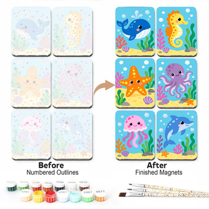 Jellyfish and Seahorse Smiles fridge magnets – Six smiling sea creatures on aqua with coral: a whale, a seahorse, a starfish, an octopus, a jellyfish and a dolphin