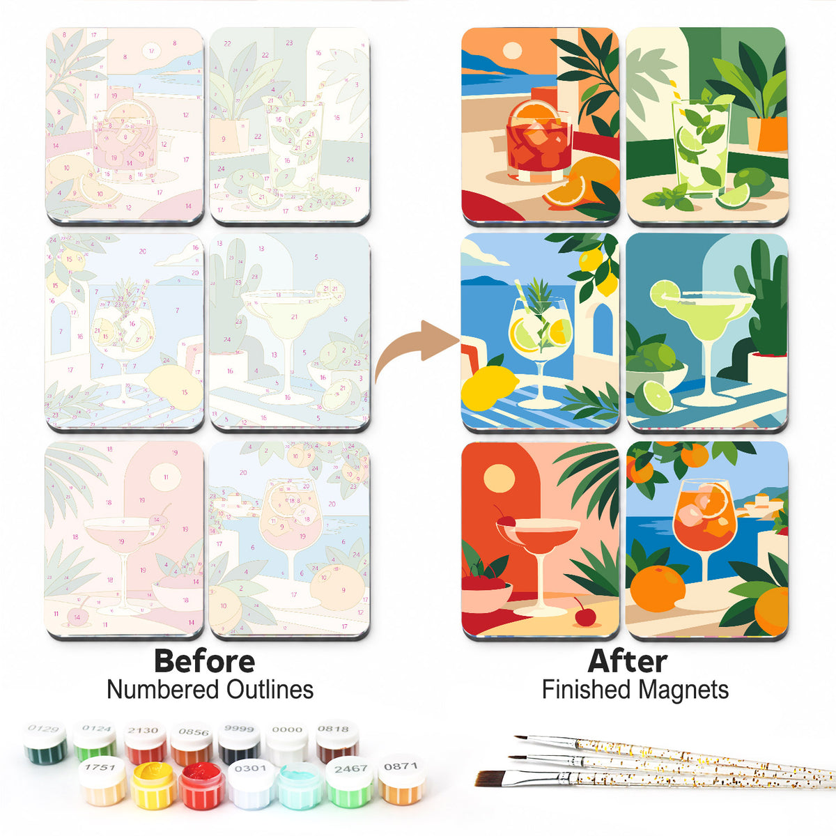 Terrace Cocktails by the Sea fridge magnets – Six cocktails on Mediterranean terraces: a negroni, a mojito, a gin and tonic, a margarita, a cosmo and a spritz