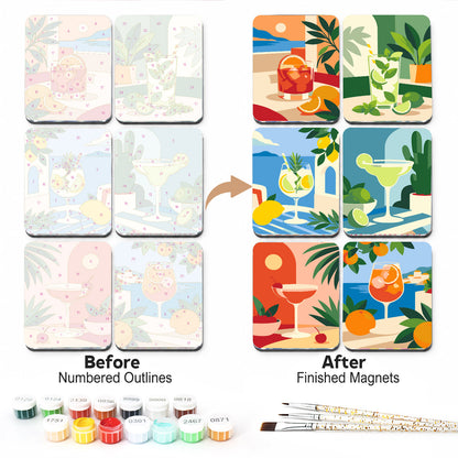 Terrace Cocktails by the Sea fridge magnets – Six cocktails on Mediterranean terraces: a negroni, a mojito, a gin and tonic, a margarita, a cosmo and a spritz