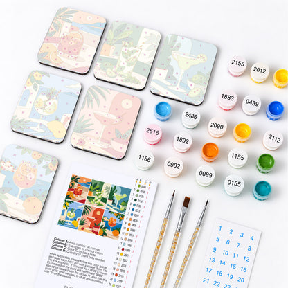 Terrace Cocktails by the Sea fridge magnets – what's in the kit: the 6 magnet tiles, numbered paints, brushes, layout sheet and stickers