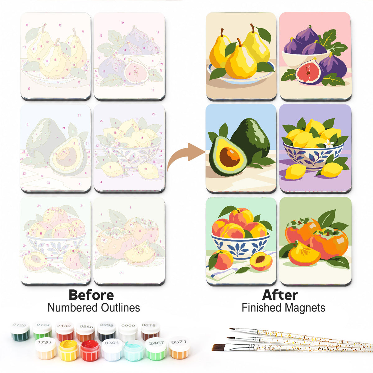 Figs, Pears and Persimmons fridge magnets – Painterly fruit still lifes: pears on a plate, figs, a halved avocado, lemons and peaches in blue bowls, persimmons