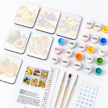 Figs, Pears and Persimmons fridge magnets – what's in the kit: the 6 magnet tiles, numbered paints, brushes, layout sheet and stickers