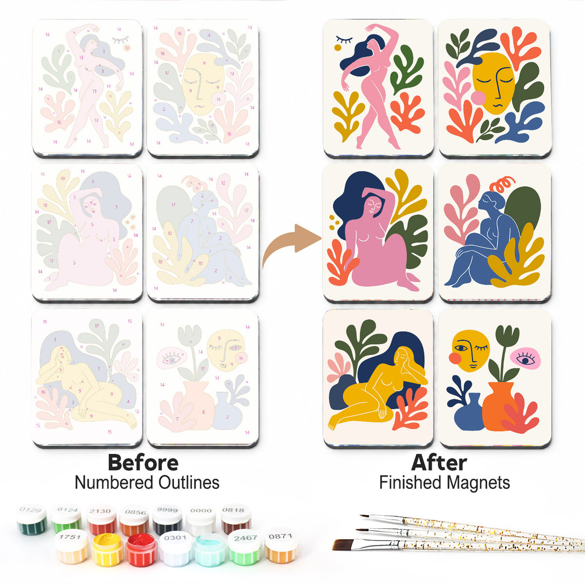 Abstract Muses and Leaves fridge magnets – Six abstract cut-out style figures and faces in pink, blue and yellow among bold leaves on cream