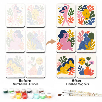 Abstract Muses and Leaves fridge magnets – Six abstract cut-out style figures and faces in pink, blue and yellow among bold leaves on cream