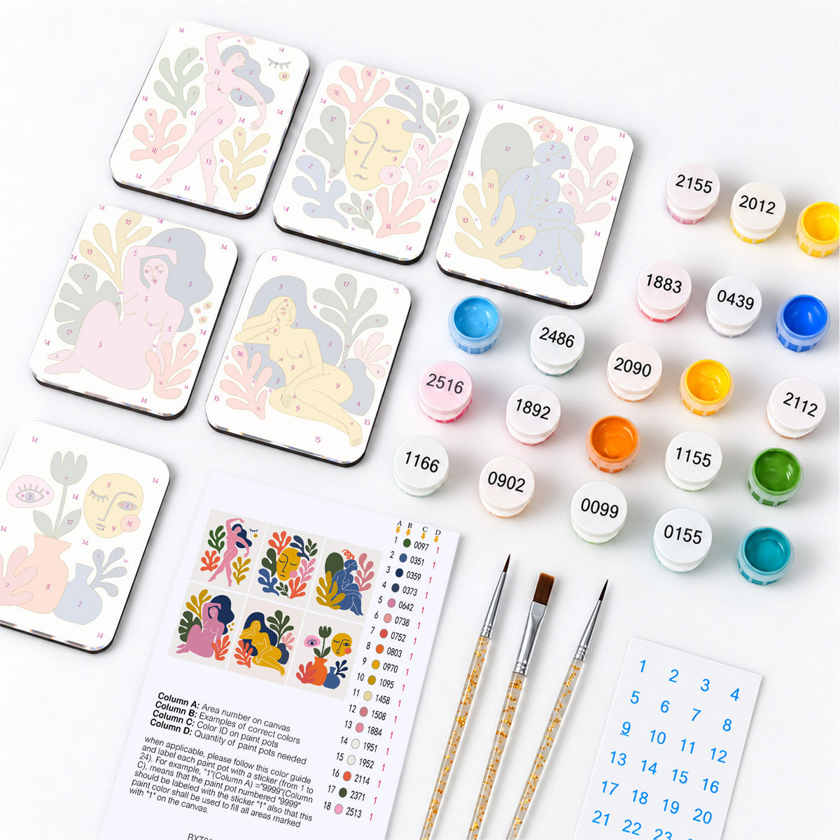 Abstract Muses and Leaves fridge magnets – what's in the kit: the 6 magnet tiles, numbered paints, brushes, layout sheet and stickers