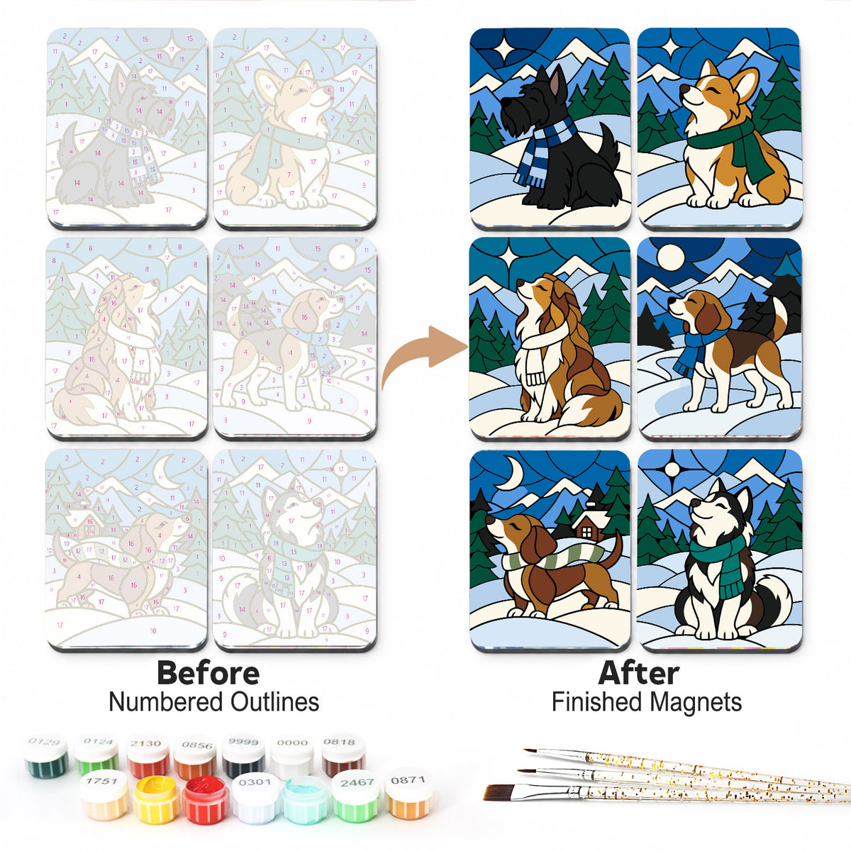 Scarf-Wrapped Snow Pups fridge magnets – Stained-glass style dogs in scarves in snowy mountains: a Scottie, a corgi, a spaniel, beagles and a husky